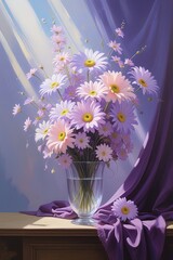 Oil painting pale pink and purple daisy-like flowers in a clear vase on wood with purple fabric. Soft light, dreamy blue and purple background. Wallart.