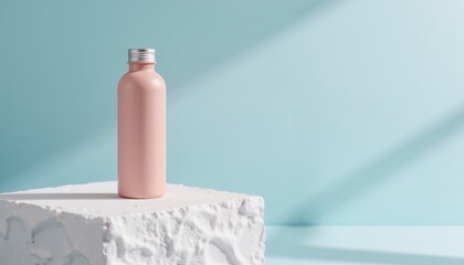 A pink stainless steel water bottle on a white stand on a blue background with space for text.