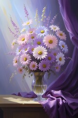 Oil painting pale pink and purple daisy-like flowers in a clear vase on wood with purple fabric. Soft light, dreamy blue and purple background. Wallart.
