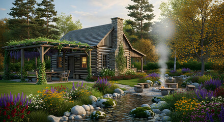 Charming rustic log cabin set amidst a blooming garden and tranquil stream, with a cozy fire pit, offering a picturesque and serene natural escape