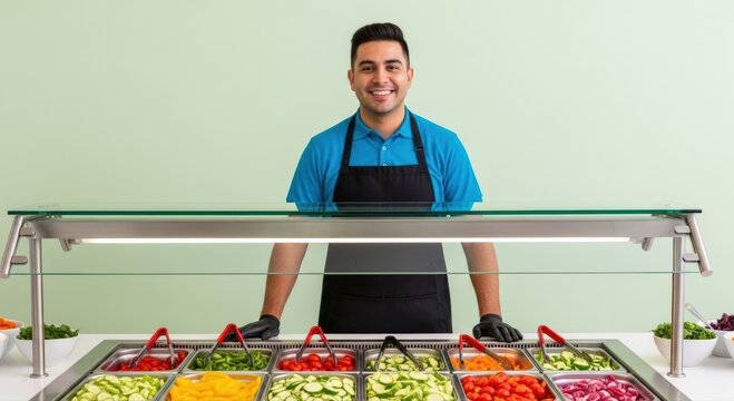 Friendly food service professional in a blue shirt stands smiling behind a vibrant salad bar, presenting fresh healthy vegetables for nutritious meal choices