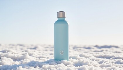 Stylish blue water bottle standing on snow under clear sky  