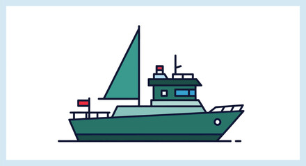 Illustration of a green sailboat with a triangular sail and a small flag, sailing on the water.
