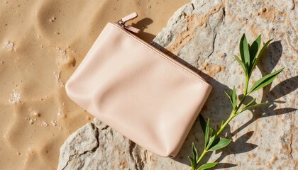 A soft pink cosmetic bag on a rock near a sandy beach. 