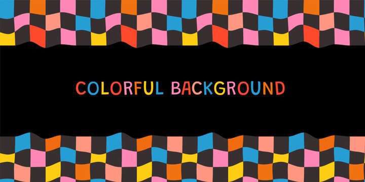 Colorful wavy check vector background for banners, posters for kids designs, Orange, blue, yellow on black check pattern