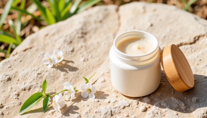 Natural cream jar with wooden lid on stone surface outdoors  