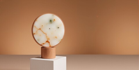 Contemporary marble composition on a plinth against a warm earthy background with space for text