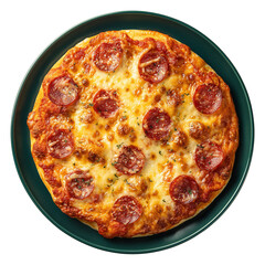 classic pepperoni pizza presented in dark green flat plate enhancing bold warm tones of melted toppings