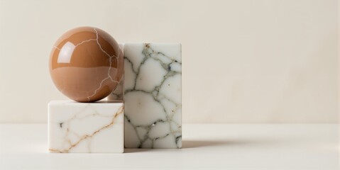 A ceramic sphere placed on marble blocks in a minimalist style with copy space