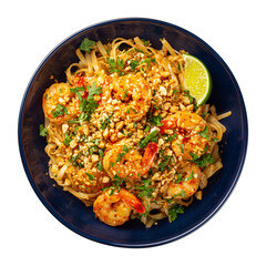 shrimp pad thai served in deep navy plate enhancing vibrant noodles and fresh garnishes in overhead layout