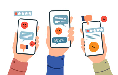 Bad review concept design. Online negative user feedback. Customer experience ranking. Dislike, complaint, bad rate. Web comment. Angry client testimonial. Social survey result. Vector illustration