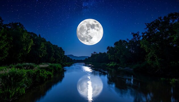 Moonlit river scene reflects a bright full moon amid trees under a starlit sky, creating a serene nocturnal landscape
