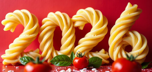 Penne numerals 2026 amid scattered penne and cherry tomatoes, rustic kitchen styling with parmesan and coarse salt. New Year cooking banner for restaurants or cafe.