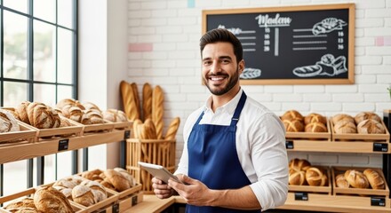 Proud male bakery owner smiles confidently, holding a digital tablet while managing his daily operations and delicious fresh artisan bread sales
