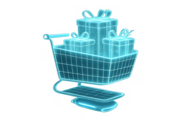 Shopping cart filled with glowing digital gift boxes, representing online purchasing, e-commerce, and virtual retail promotions