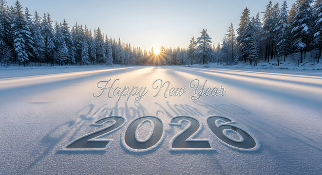 Winter landscape with 2026 year on snow covered road at sunrise - Powered by Adobe
