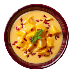 creamy mango dessert placed in deep burgundy plate creating bright tropical contrast in elegant sweet styling