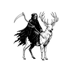 Grim Reaper Riding Deer Illustration in Vintage Engraving Style