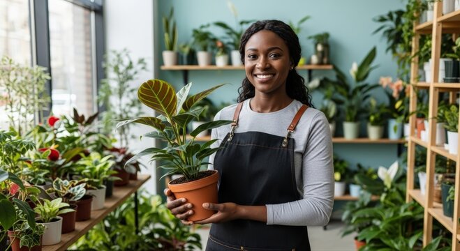Smiling Black woman proudly presents a vibrant potted houseplant, showcasing her flourishing small business filled with diverse green botanical beauty and natural wellness