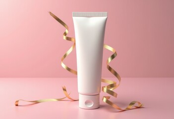 White tube of cream with no labels and copy space on pink background, Elegant cosmetic gift, beauty product, spa packaging and decorative gold ribbons for special occasions