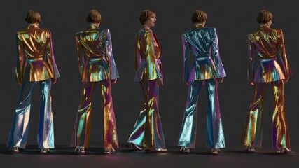 Dazzling iridescent disco pantsuit designs showcase vibrant colors and vintage fashion appeal for a lively retro vibe
