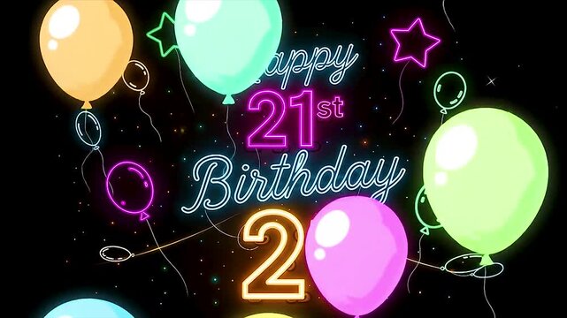 Neon 21st birthday celebration with glowing balloons, stars, and confetti on a vibrant dark festive backdrop
