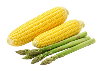 Isolated Corn on the cob and asparagus spears on a table, healthy food and eating habits