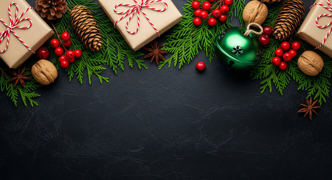 Christmas festive arrangement with gifts and decorations