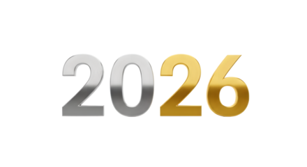 Metallic 2026 new year design element isolated on transparent background