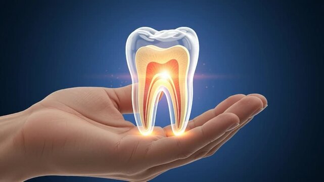 Healthy Tooth Anatomy Illustration with Glowing Inner Layers Held in Hand