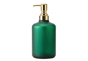 Isolated dark green frosted glass soap dispenser with a gold pump offers sleek style