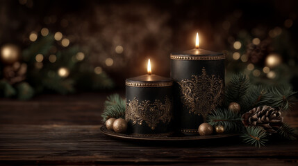 Elegant black and gold Christmas candles with pine cones and evergreen branches on rustic wooden table