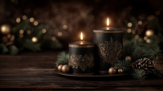 Elegant black and gold Christmas candles with pine cones and evergreen branches on rustic wooden table
 - Powered by Adobe