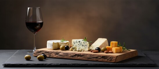 Red wine glass presenting a gourmet cheese board with various cheeses, olives, almonds, and rosemary sprigs, signifying a sophisticated appetizer or charcuterie spread