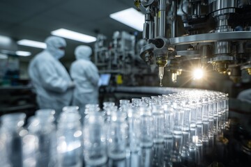 Pharmaceutical Vaccine Production in Modern Laboratory. Automated laboratory innovations in pharmaceutical manufacturing cleanroom biotechnology enhancements. High quality