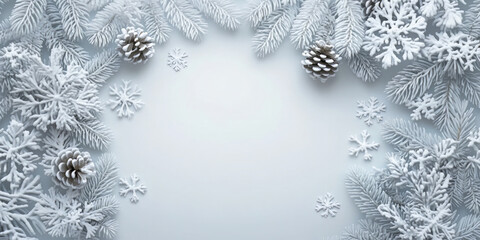 White winter background with frosted pine branches snowflakes and pine cones forming elegant christmas frame