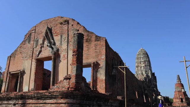 Footage of Wat Racha Burana temple ruins, where a Number of Ayutthaya's precious treasures found by archaeologists, Ayutthaya Historical Park, Thailand