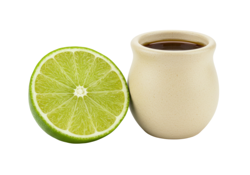 Isolated lime half and small pot of tea or sauce, for beverage ingredient or food condiment use