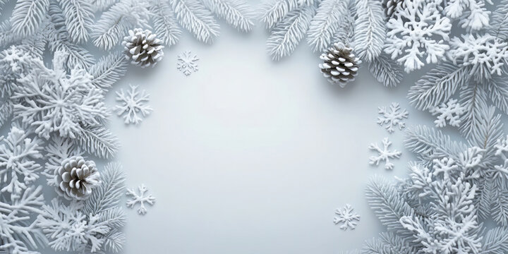 White winter background with frosted pine branches snowflakes and pine cones forming elegant christmas frame

