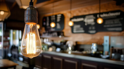 Vintage Edison Bulb Hanging Cafe Interior Wooden Bar Blackboards Bokeh Lights Warm Glow Rustic Coffee Shop Atmosphere Closeup

