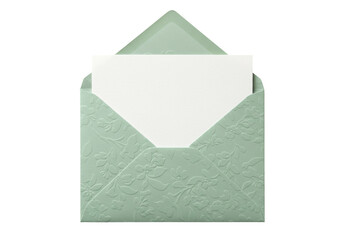 Isolated open invitation envelope in pastel green color with floral design and card inside