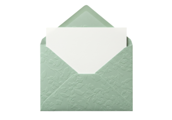Isolated open invitation envelope in pastel green color with floral design and card inside