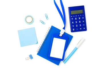 Blue plastic badge with book and calculator isolated on white background. Template designed for employees and guests of company