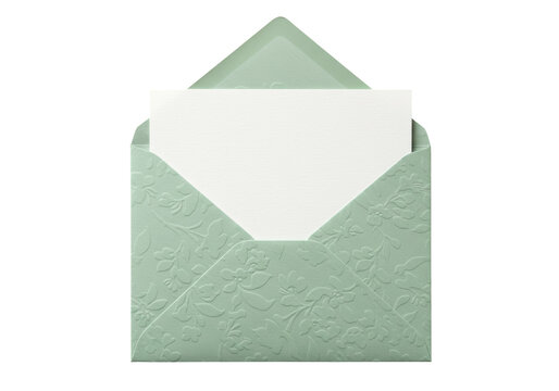 Isolated open invitation envelope in pastel green color with floral design and card inside