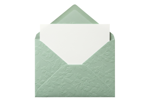 Isolated open invitation envelope in pastel green color with floral design and card inside