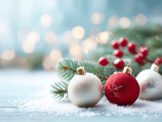 Christmas background with Christmas tree and ornaments. Red and silver Christmas balls lie in snow next to pine branch against snowfall background with bokeh. New Year design with copy space