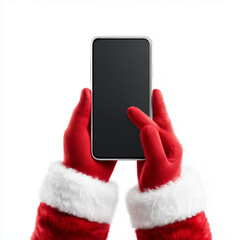 Santa Claus using smartphone. Santa's gloved hands hold phone and touch screen. First person view, isolated on white background