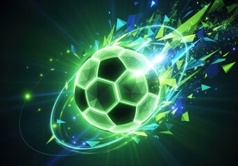 Energetic neon green soccer ball explodes with light streaks dynamic sports action