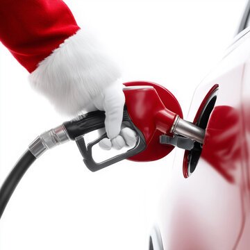Santa Claus holds red fuel pump nozzle. Santa's gloved hand inserts gasoline gun into car's fuel tank. Close-up side view, isolated on white background