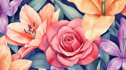 Floral watercolor pattern with roses, lilies, and vibrant leaves in botanical arrangement
